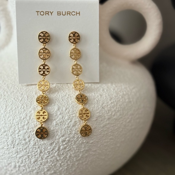 Tory Burch Gold Logo Disc Linear Earrings - Picture 1 of 4